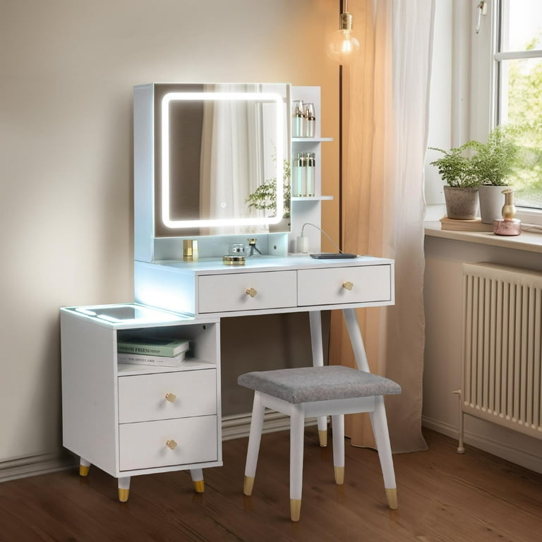 Ktaxon Vanity Table Set with LED Nightstand Makeup Table with Lighted Mirror Dressing Table with USB Charging Station for Girls Women Female