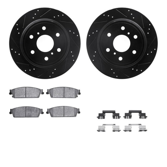 Dynamic Friction Company Rear Brake Rotors-Drilled and Slotted-Black with Heavy Duty Brake Pads includes Hardware 8212-48027