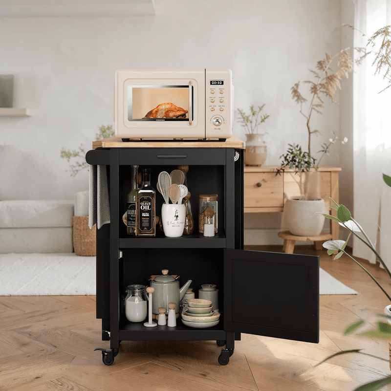 Rolling Kitchen Island Cart with Rubber Wood Countertop, Mobile Storage Cart Featuring Drawer, Cabinet, Shelf and Side Hooks, Compact Microwave Stand for Small Kitchen Spaces, Black