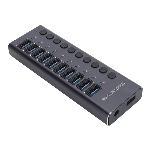 Hub De Datos USB 3.0 Alimentado, 10 Puertos De Datos USB 3.0 Con Interruptor Individual, Divisor De Concentración De Datos USB Con Adaptador De