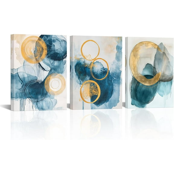 Hieng Abstract Blue and Gold Painting Wall Art Circle Geometric Canvas Wall Decor Graffiti Art Print Modern Artwork for Living Room Office Home Decor(only canvas)