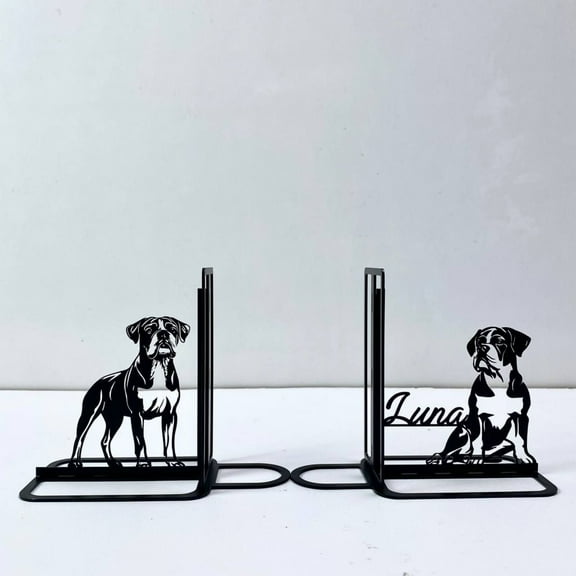 Craftnamesign Custom Boxer Dog Metal Bookends for Shelves, Book Stoppers for Library, Office