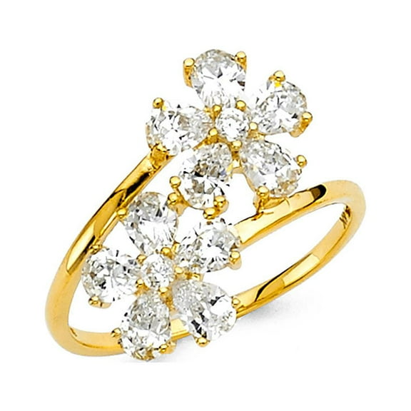 Flower Ring Solid 14k Yellow Gold Foral Band Two Flowers Ring CZ Curve Style Promise Of Love, Size 7