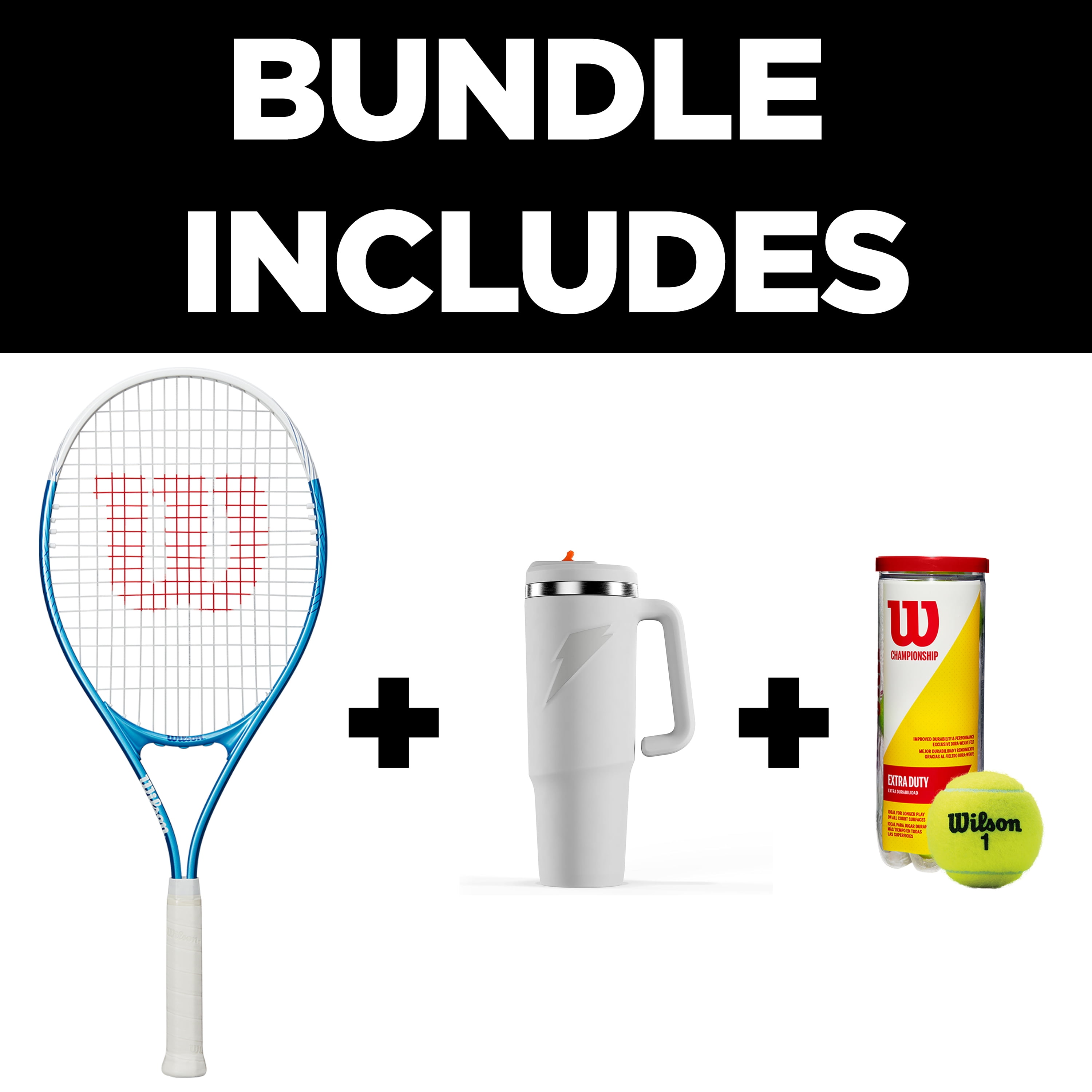Wilson x Gatorade Tennis Power Play Kit - Includes Wilson Ultra Power XL 112 Tennis Racket, Championship Extra-Duty Tennis Balls, and Gatorade Crossover White Tumbler