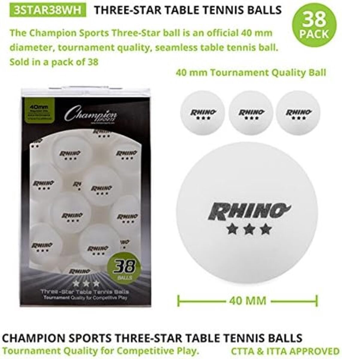 Champion Sports 3 Star Table Tennis Ball Pack, Tournament Grade Equipment, 38 Balls, White Ping Pong Balls, 40mm Seamless Design, CTTA and ITTA Approved