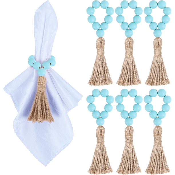 servilleteros de cuentas de madera, elásticos, estilo rústico, con borlas, estilo bohemio, para mesa de comedor y decoración de bodas.
