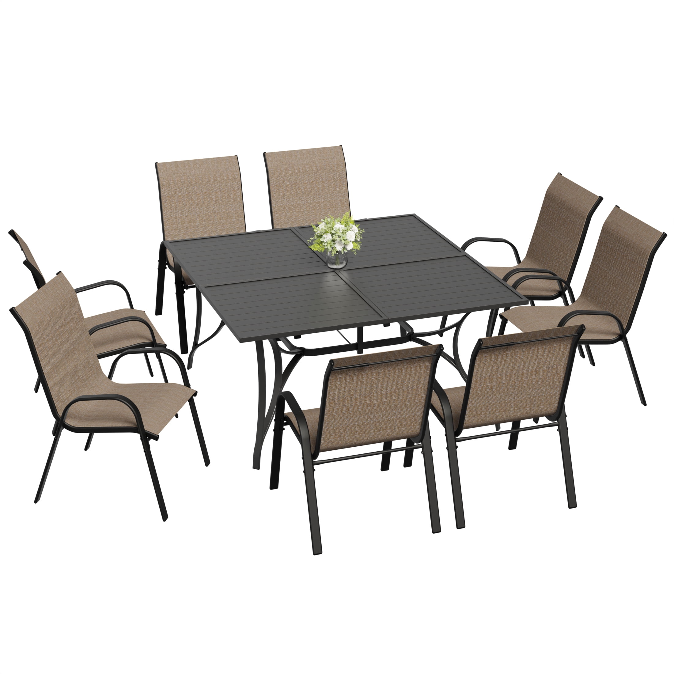 ELPOSUN 9-Piece Outdoor Patio Dining Set, 8 Textilene Chairs & Large Square Steel Table with Umbrella Hole, All-Weather Furniture for Garden, Balcony,Khaki
