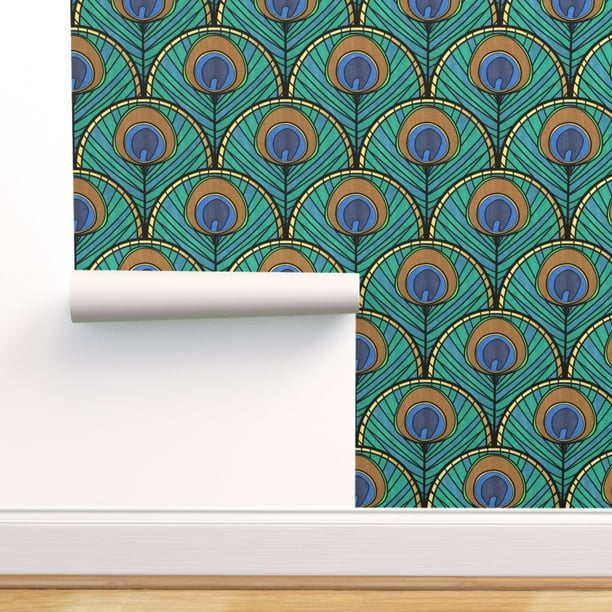Peel-and-Stick Removable Wallpaper Peacock Feathers Teal Gold Feather