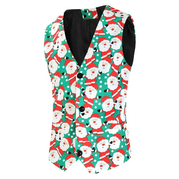 Puffer vest Mens Christmas Printed Pocket Buttons Sleeveless V Neck Vest Jacket Suit Vest