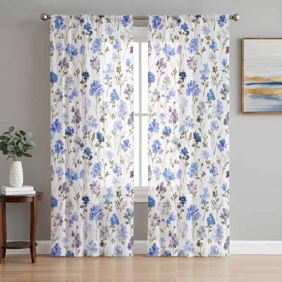 Blue Farmhouse Flowers Sheer Curtains 84 Inch Length 2 Panels Set, Elegant Pastoral Spring Floral Voile Window Treatment Rod Pocket Curtains Sheers Drapes for Bedroom/Living Room/Kitchen 52"x84"x2