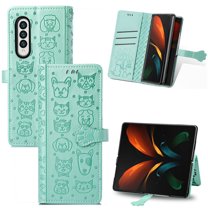 for Samsung Galaxy Z Fold 4 5G Case, Premium PU Leather Wallet Case [Cat & Dog & Flowers Embossed] Card Slots Kickstand Magnetic Closure Flip Case Cover for Samsung Galaxy Z Fold 4,Green