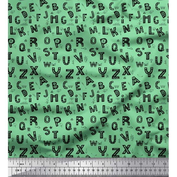 Soimoi Green Cotton Duck Fabric Alphabet Text Print Fabric by the Yard 44 Inch Wide