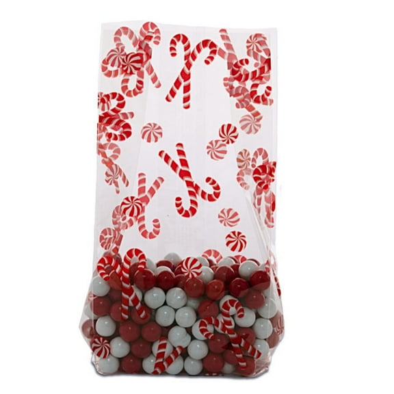 Peppermint Holiday Clear Cello Party Bags - 7 1/2in. x 3 1/2in. x 2in. - 20 Pack