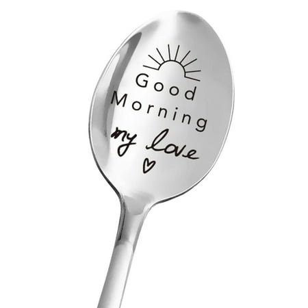 

dianhelloya Coffee Spoon Engraved with Letters Long Handle Mirror Surface Rust-proof Easy Cleaning Utensils Food Grade Stainless Steel Meal Spoon Good Morning Handsome Beautiful Valentine s Day Gift