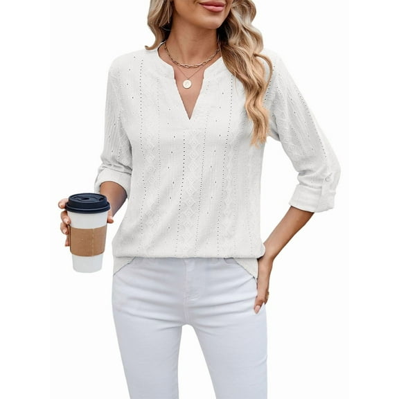 Womens V Neck Casual Hollow Out Eyelet Embroidered Blouses Shirts Beach Cover Up Tops Dressy White L