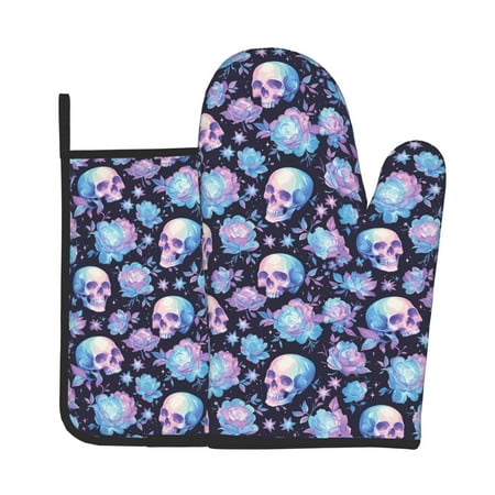 

Lukts flower Skull in starry sky Print Kitchen Heat-Resistant Gloves and Spacers 2pcs Set Suitable for Baking and Cooking