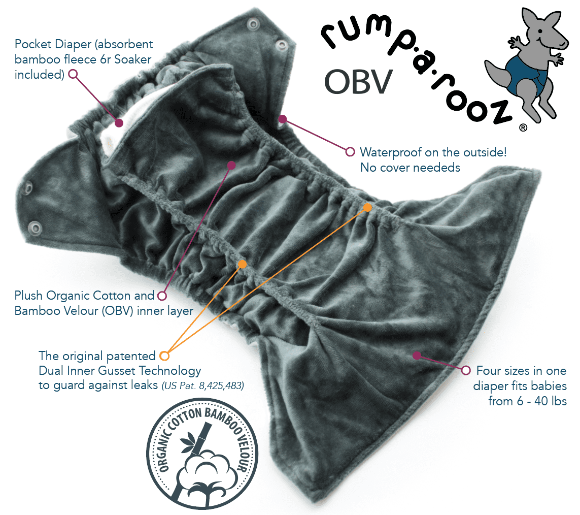 Kanga Care Rumparooz G2 OBV Cloth Diaper Reusable One Size Pocket Diaper with patented Inner Double Gusset 2 pcs Bamboo Rayon Insert Soaker | Lily (6-40+ lbs)