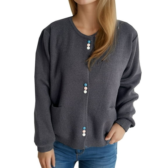 Byworldtasic Womens Sweaters Women's Button Up Crew Neck Cardigan Long Sleeve Knitted Sweater Outwear With Pockets Dark Gray