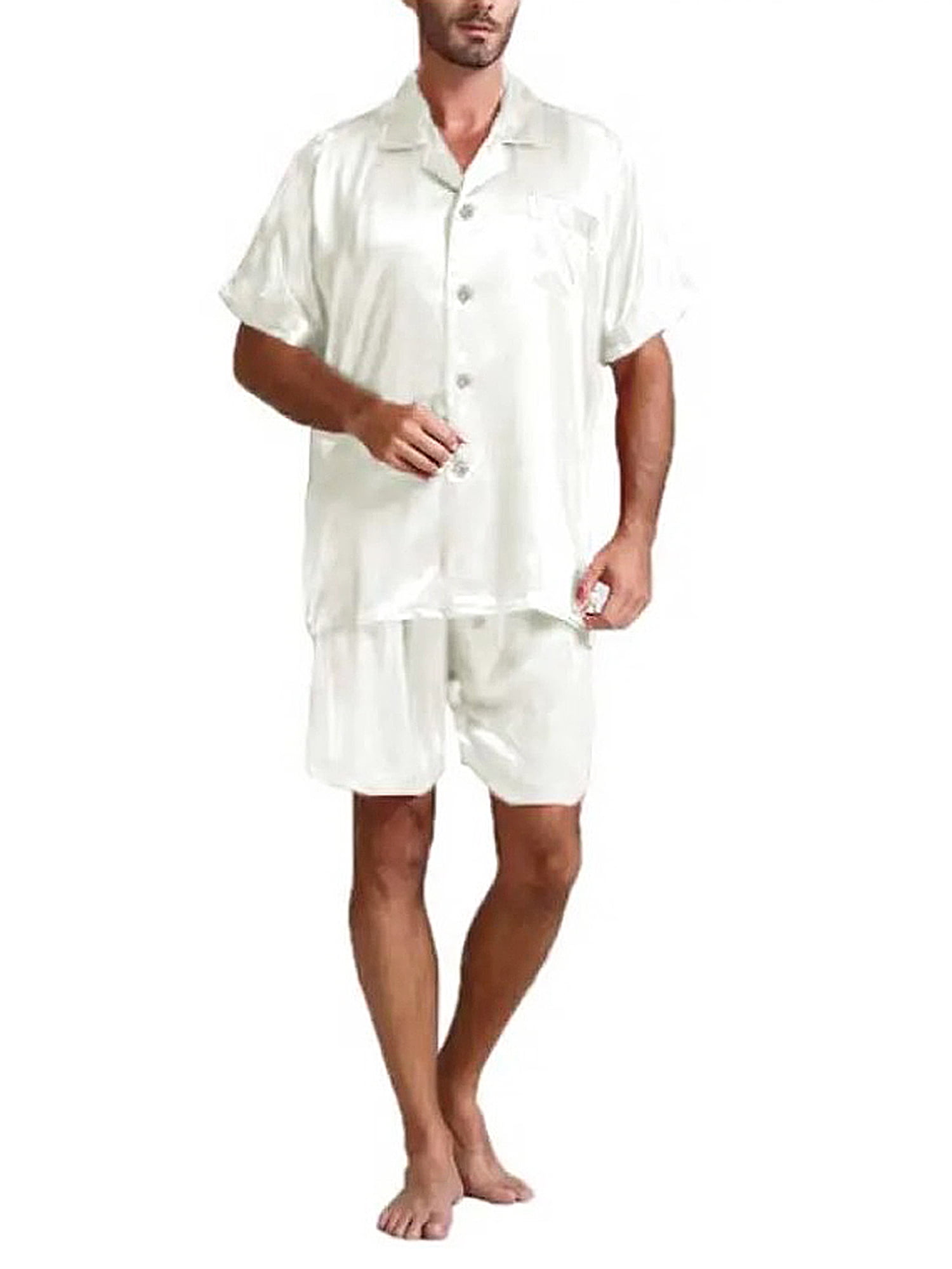 Shorts Set Sleepwear Loungewear Mens Silk Satin Pyjamas Set Short Sleeve Tops 