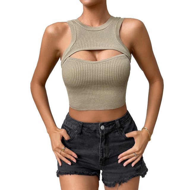 Camiseta sin mangas con corte informal para mujer, Top ajustado sin mangas de punto acanalado con cuello redondo para verano