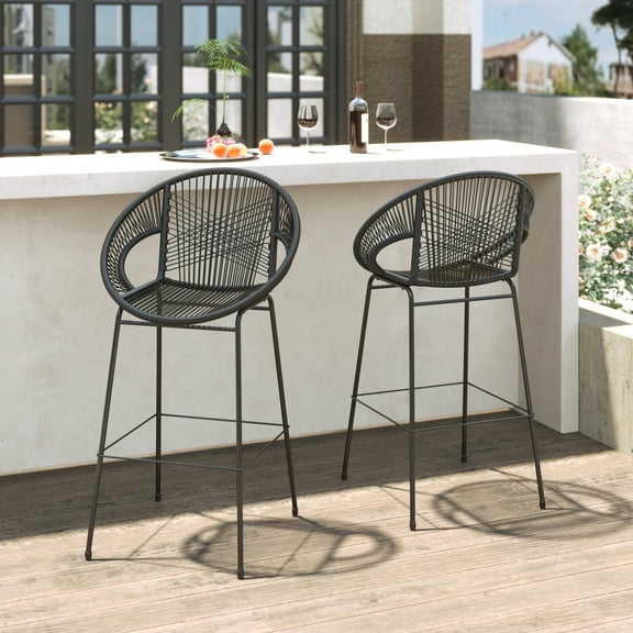 Christopher Knight Home Modern 28.5" Outdoor Faux Wicker Bar Stools, Metal Frame, Black, Set of 2