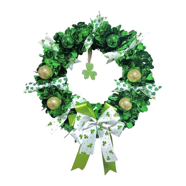 Tnarru ST Patricks Day Wreath ST.patrick's Day Decor Bow Green Rustic Three Leaf Wreath Front Door Wreath for Wedding Holiday