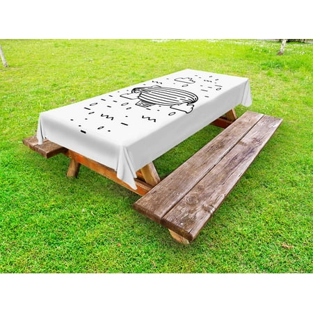 Decorative Outdoor Heat - Cartoon Outdoor Tablecloth, Kids Themed Cute Heat Balloon with Clouds And Circles Hand Print Sketch Style, Decorative Washable Fabric Picnic Table Cloth, 58 X 84 Inches,Black And White, by Ambesonne