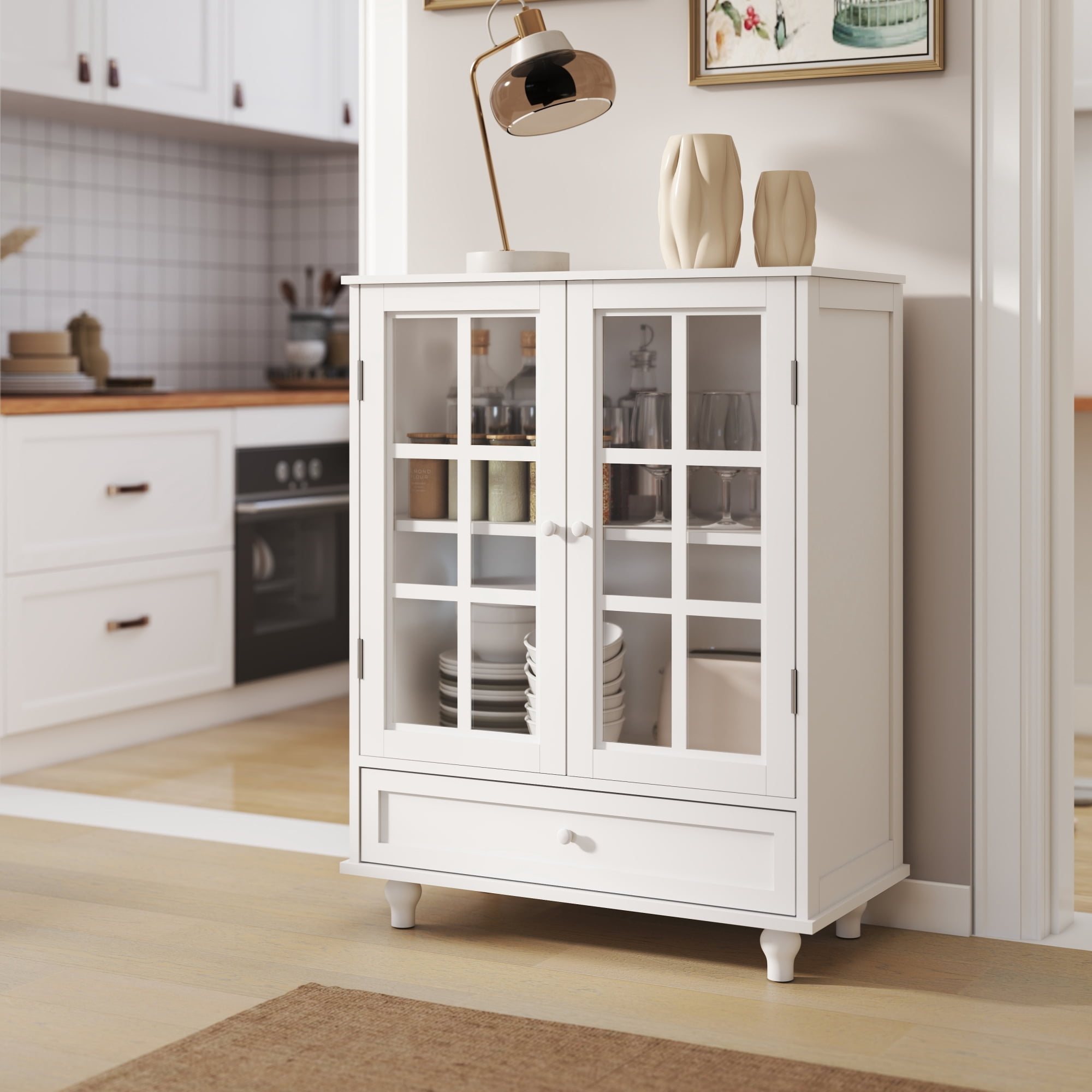 Jopath Buffet Cabinet with Double Glass Doors and Drawer, Modern Wooden Storage Sideboard Cupboard for Living room Dining Room Hallway Entryway White