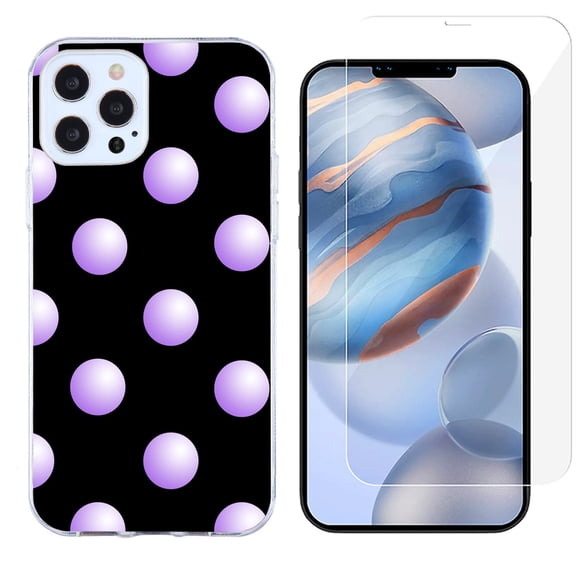 Slim-Fit Protective Phone Case compatible with iPhone 12 Pro Max, with Tempered Glass Screen Protector, by OneToughShield ® - Polka Dot / Purple