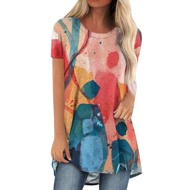 Pisexur Women's Dressy Tops Fashion Floral Short Sleeve Scoop Neck Plus Size Tops Button Side T Shirts Loose Fitting Tunic Solid Color Tops Blouse