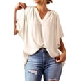 thumbnail image 3 of Womens Tops Dressy Casual 2025 Spring Summer V Neck Short Sleeve Shirts Business Casual Chiffon Blouses Beige M, 3 of 7