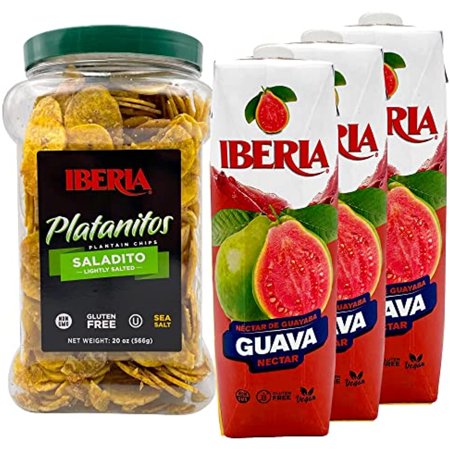 Iberia Lightly Salted Plantain Chips, 20 Oz. + Iberia Guava Nectar 33.8 Ounce (Pack Of 3)