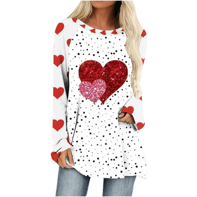 Diufon Hauts de la Saint-Valentin pour Femmes Manches Longues Col Rond Chandail Chemise Tendance Mignonne Robe Imprimée à Sequins Blouse