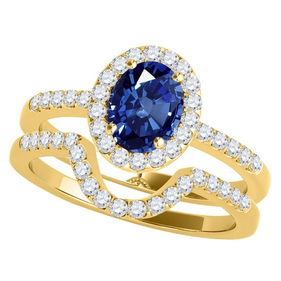 Mauli Jewels Engagement Rings for Women 1.18 Carat Oval Shaped Sapphire And Diamond Bridal Set prong 10K Yellow Gold