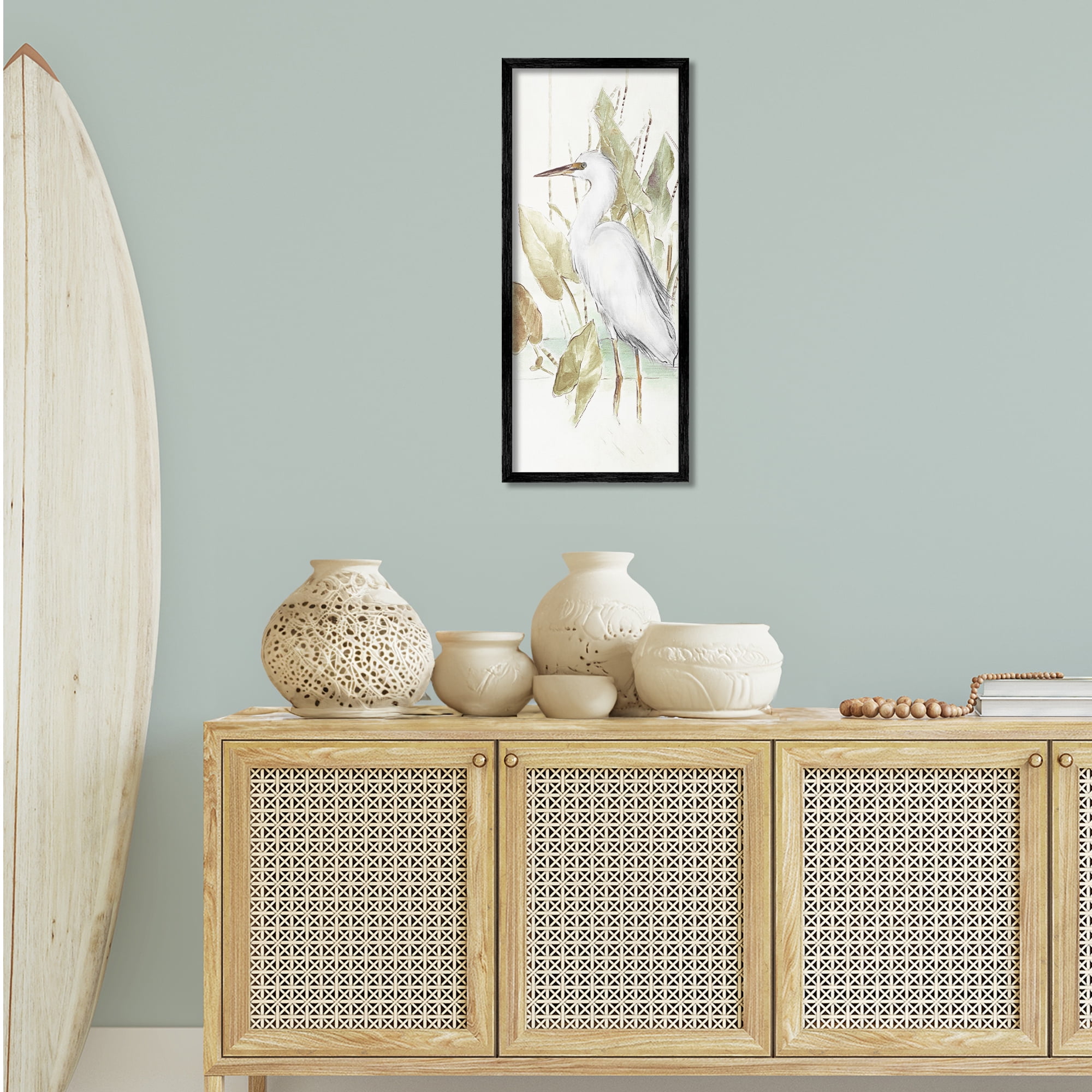 Stupell Industries Egret in Lake Drawing Animals & Insects Drawing Black Framed Art Print Wall Art, 13 x 30