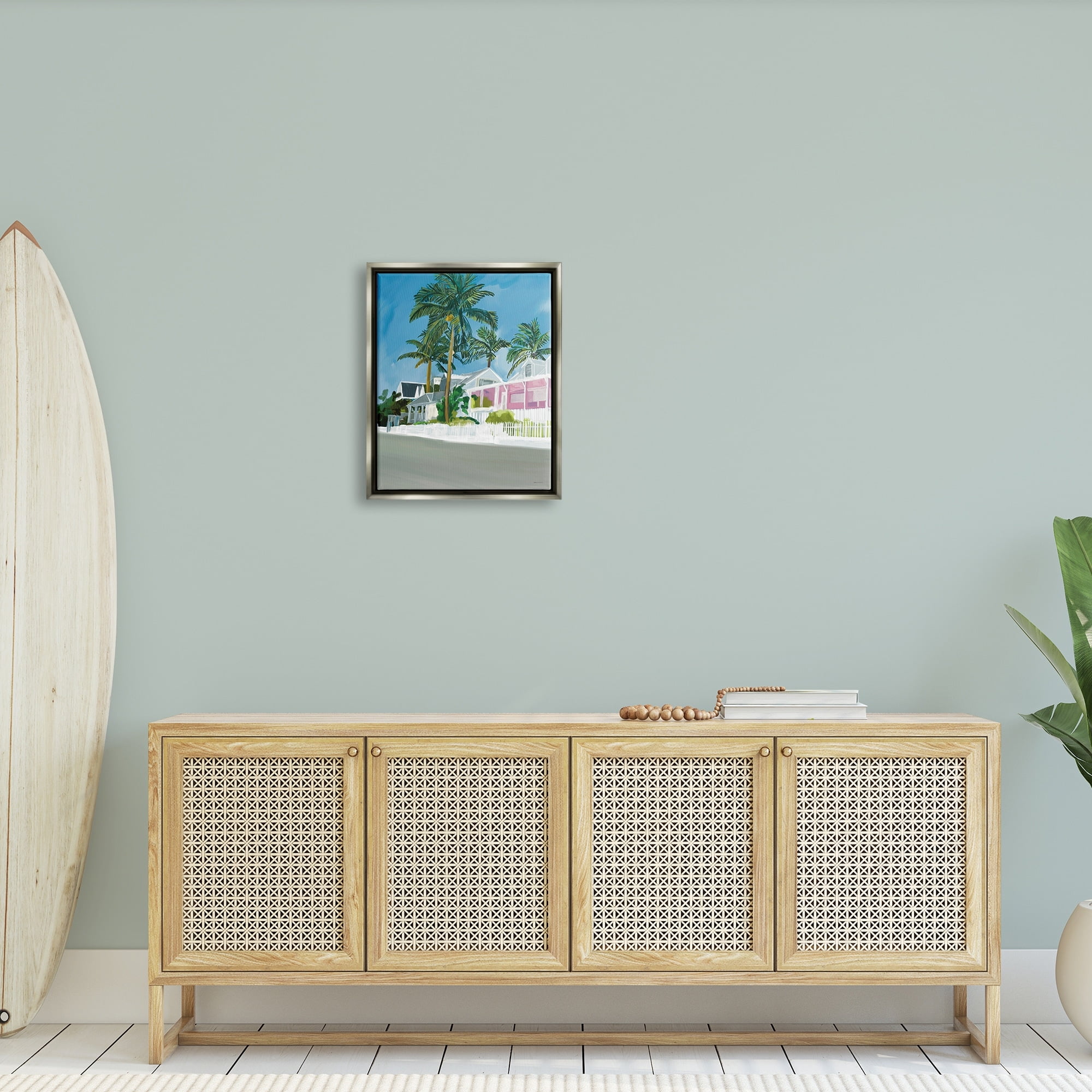 Stupell Industries Tropical Palm Trees Summer Vacation Resort Houses Graphic Art Luster Gray Floating Framed Canvas Print Wall Art, Design by Amelia Noyes