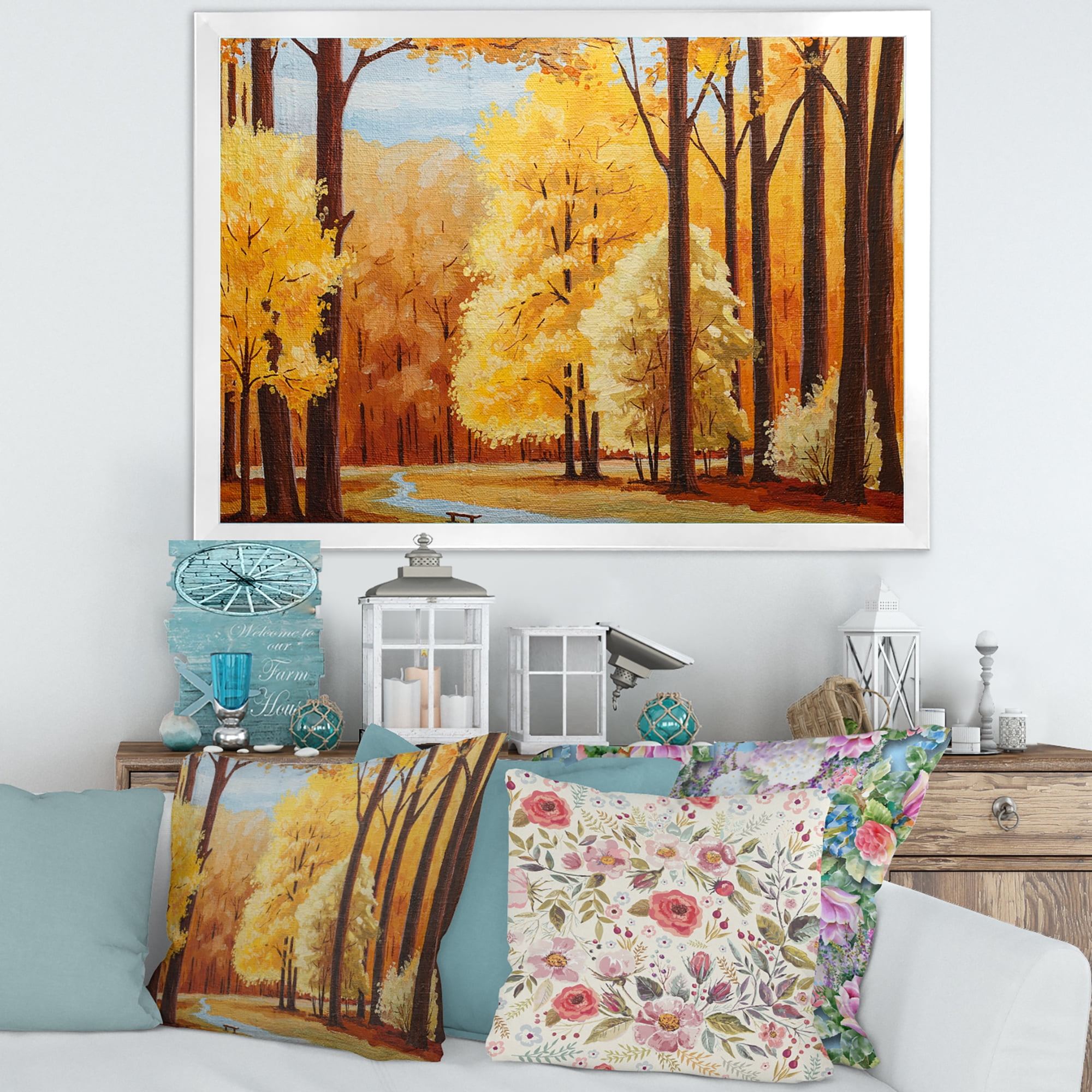 Designart 'Orange Autumn Trees At Sunrise' Farmhouse Framed Art Print