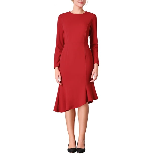 Vestido formal de cola de pez de manga larga y cuello redondo para mujer Inspire Chic con cinturón en color rojo vino