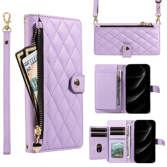Wallet Lanyard Crossbody Strap Heavy Duty Case for iPhone 12 Pro Max with Cash Slots Card Holder Zipper Pocket Remium PU Leather TPU Full Body Protective Kickstand Rugged Phone Cover, Purple