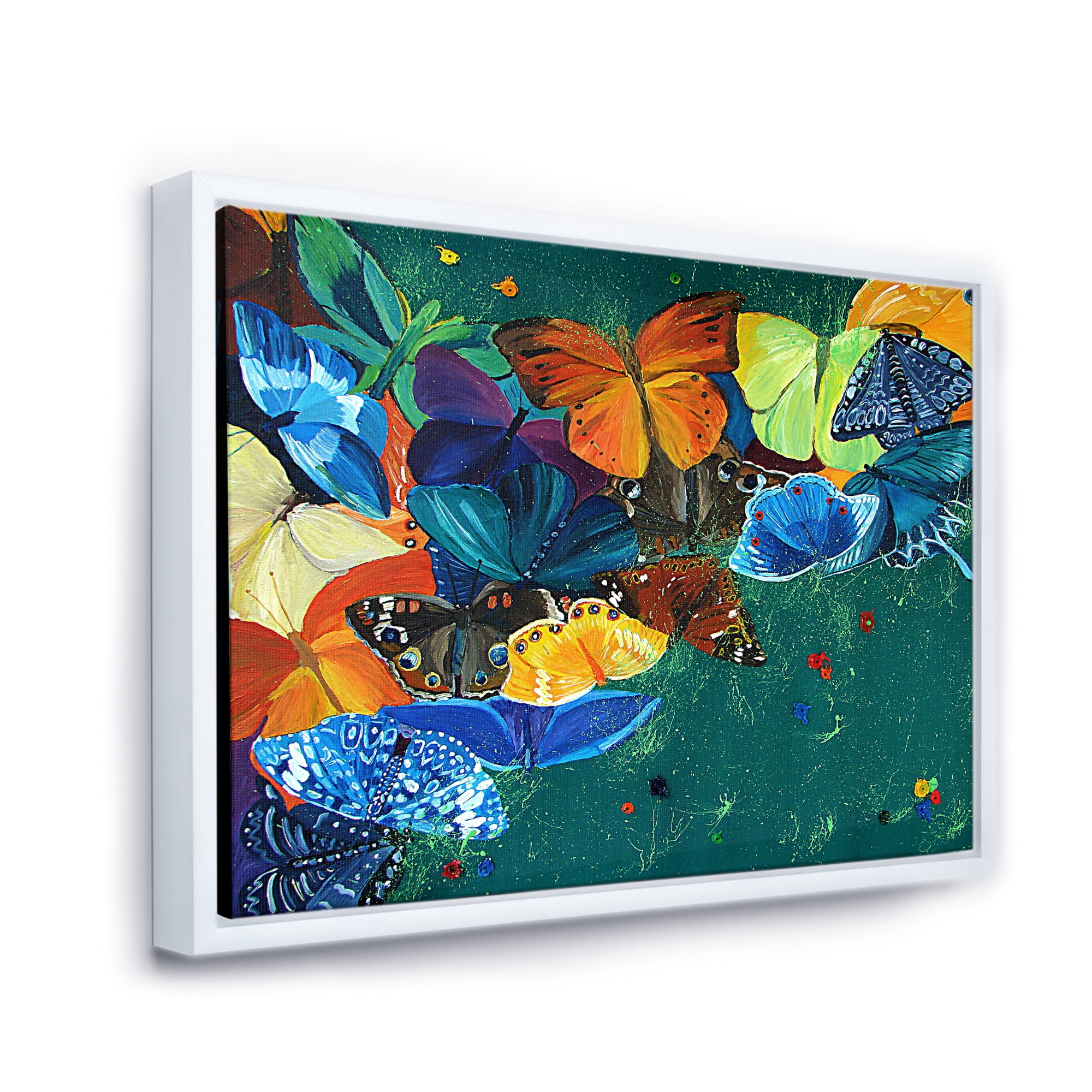 Designart 'Abstract Colour Butterflies On A Gree' Modern Framed Canvas Wall Art Print