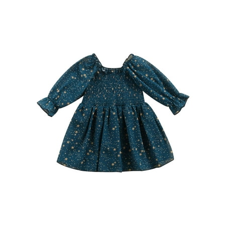 

Infant Newborn Toddler A-line Dress Baby Girls Smocked Star Print Long Sleeve Round Neck One-piece for Spring and Fall