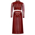 thumbnail image 4 of TiaoBug Modern Dance Dress for Girls Shiny Rhinestone Long Sleeve Crop Top with Skirt Lyrical Dance Outfits Burgundy 14, 4 of 6