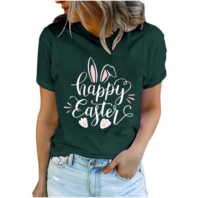 Bowake Easter T-Shirts pour Femmes Manches Courtes Col Rond Joyeux Easter T-Shirts Mignons Graphiques Décontractés Tops d'Été