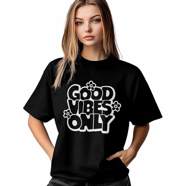 Good Vibes Only Women's T-Shirt, Short Sleeve Tee Shirts Casual Tops Wild Flower Crewneck T Shirt for Women
