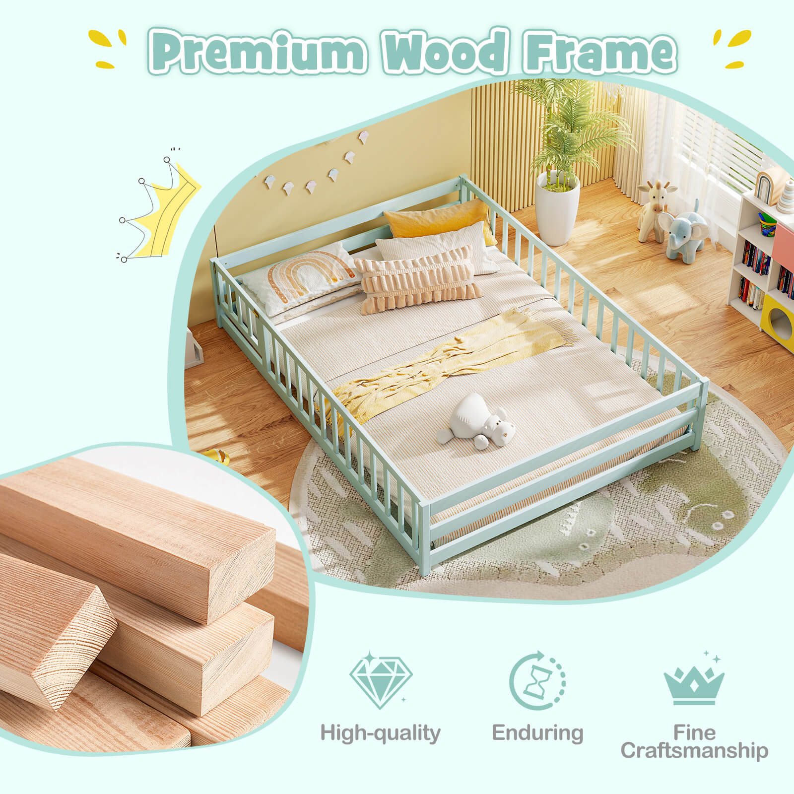 Costway Full Size Floor Bed with Full Length Safety Guardrails & Door for Boys, Girls Mint Sky