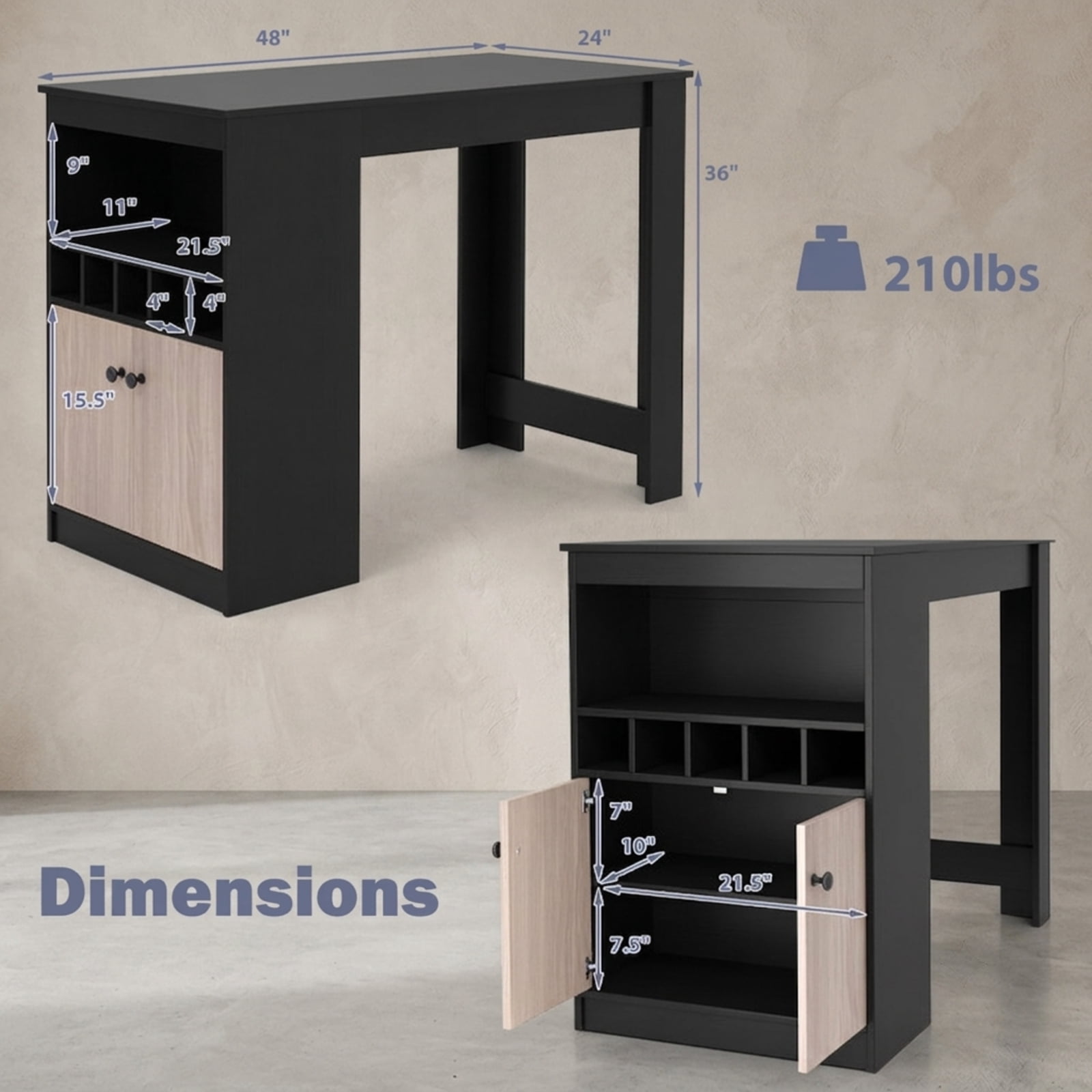 Furnibear 48 Inch Bar Table with Storage Cabinet and Wine Rack for Kitchen Dining Bar Bistro Pub Home Counter Height, Black