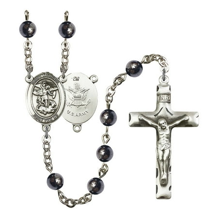 St Michael Rosary St. Michael / Army Silver-Plated Rosary 6mm Hematite Beads Crucifix Size 1 3/4 x 1 medal charm ()