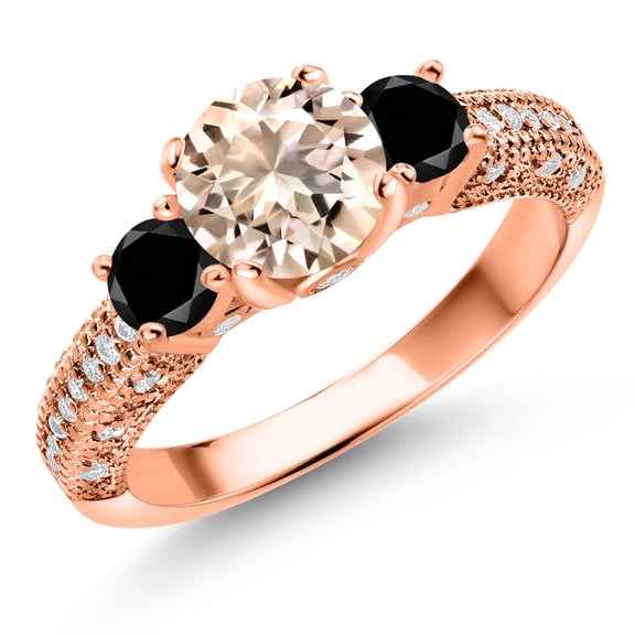 Gem Stone King 18K Rose Gold Plated Silver Peach Morganite Black Diamond and White Moissanite Engagement Ring for Women (1.77 Cttw, Gemstone October Birthstone, Round 7MM and 4MM, Size 5)
