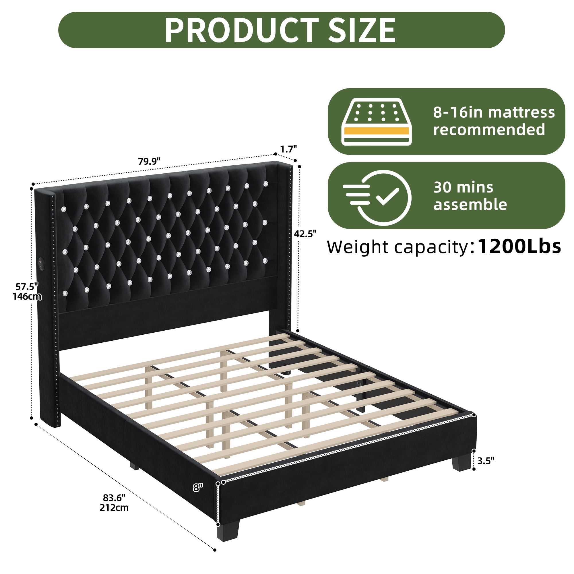 Uforic King Wingback Bed Frame with 58" Tall Headboard and USB Charging Stations, Tufted Velvet Upholstered Platform Bed, Easy Assembly, Black