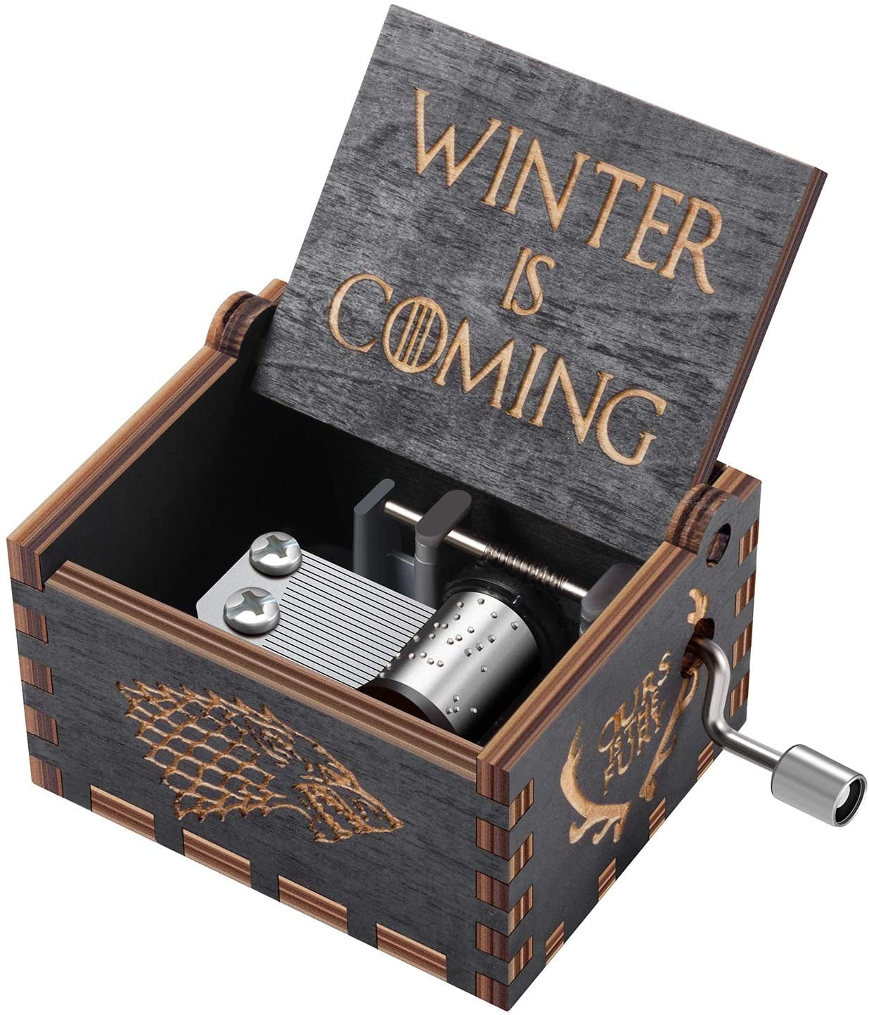 Game of Thrones Hand Crank Music Box Engraved Wooden Winter Is Coming 